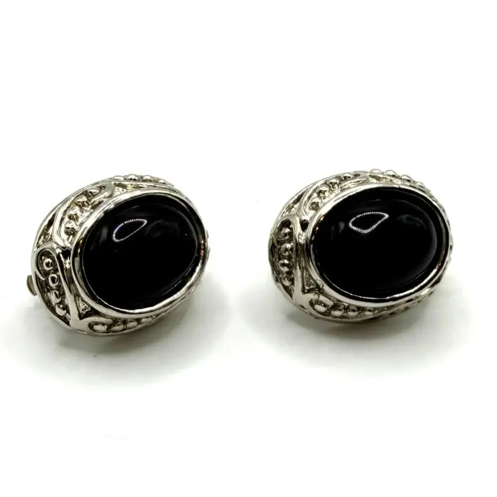 4 pc SET Silver Tone Black Cabochon Purple Clip Earrings Vintage